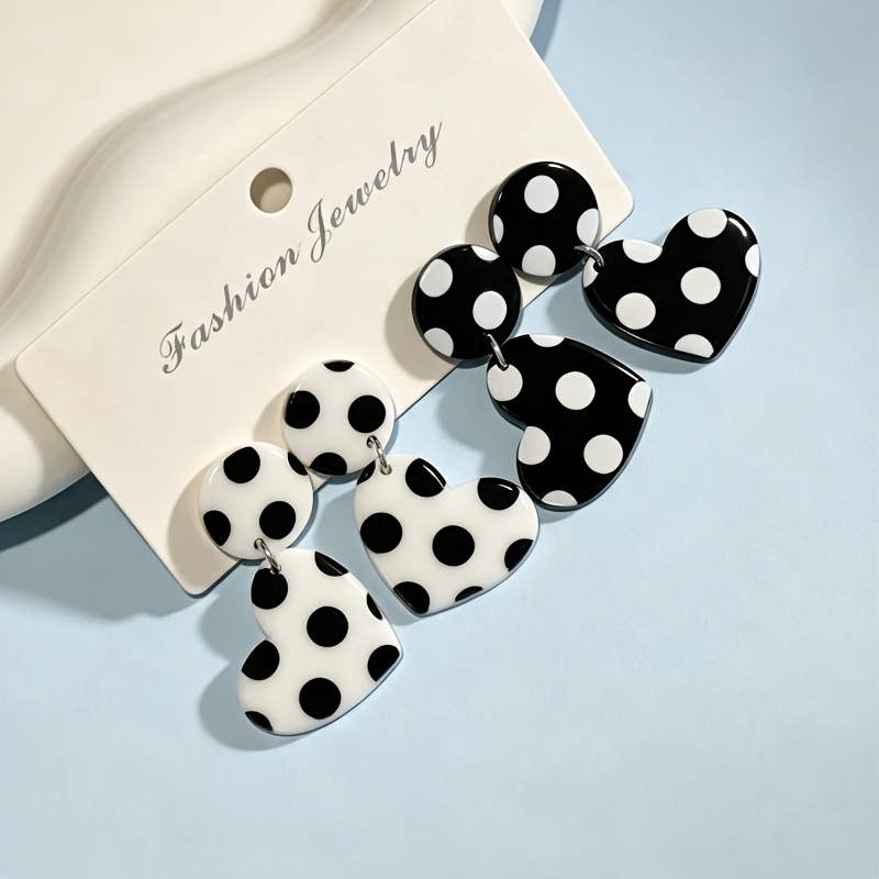 2pc Heart Polka Dot Earrings Set, Fun & Fashionable